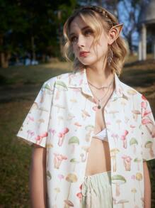 ROMWE Fairycore Allover Mushroom Print Shirt - Multicolor - View 3
