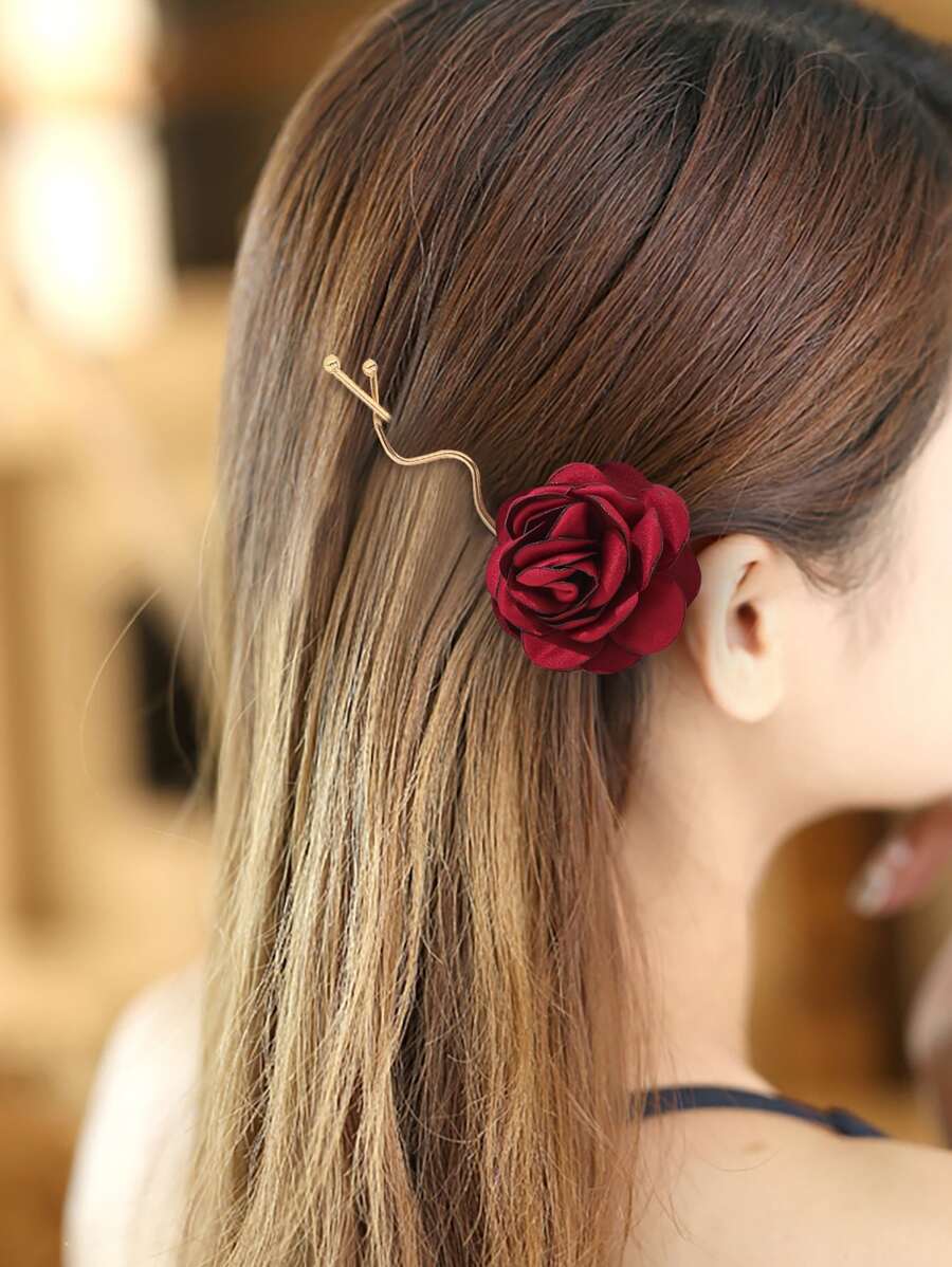 Flower Decor Hair Clip Elegant For Women Daily Decoration Valentine's Day Claw Clips Hair Claws Hair Barrettes, School Stuff, Vacation Outfits Woman, Hair Accessories - Burgundy - View 1