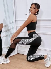 Yoga Trendy 豹紋圖案瑜伽打底褲接縫寬腰帶褲襪 - 黑與白 - 查看 2