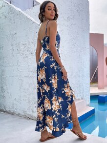 Floral Print Ruffle Trim Asymmetrical Hem Cami Satin Dress - Navy Blue - View 2
