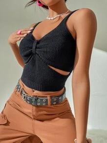 Rib-knit Cut Out Crop Knit Top - Black - View 4