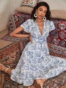 Đầm Thắt nơ trước Thú vật Nhiệt đới Boho - Xanh và trắng - Xem 3