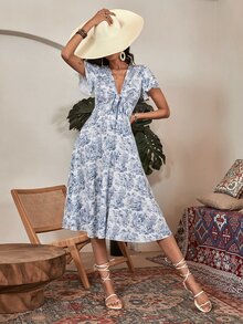 Đầm Thắt nơ trước Thú vật Nhiệt đới Boho - Xanh và trắng - Xem 6
