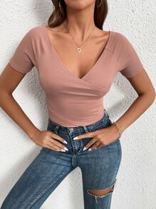 Áo thun nữ Trọn gói Gân đan màu trơn Giải trí - Bụi hồng - Xem 1