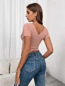 Áo thun nữ Trọn gói Gân đan màu trơn Giải trí - Bụi hồng - Xem 2