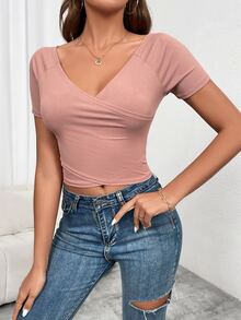 Áo thun nữ Trọn gói Gân đan màu trơn Giải trí - Bụi hồng - Xem 3