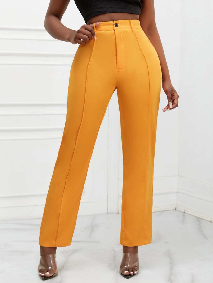 SHEIN SXY 高腰接縫細節長褲 - 橘色 - 查看 1