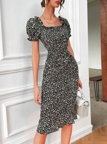 SHEIN Unity Ditsy Floral Puff Sleeve Shirred Bodycon Dress - Black - View 1