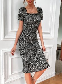 SHEIN Unity Ditsy Floral Puff Sleeve Shirred Bodycon Dress - Black - View 4