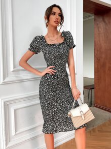 SHEIN Unity Ditsy Floral Puff Sleeve Shirred Bodycon Dress - Black - View 6
