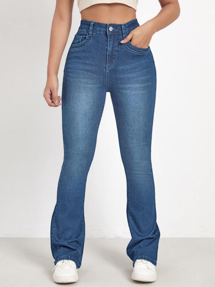 High Waist Bleach Wash Flare Leg Jeans - Medium Wash - View 1