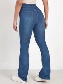 High Waist Bleach Wash Flare Leg Jeans - Medium Wash - View 2