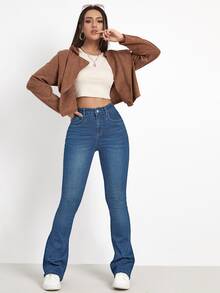 High Waist Bleach Wash Flare Leg Jeans - Medium Wash - View 5