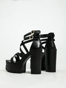 Women Buckle Detail Chunky Heeled Ankle Strap Sandals, Elegant Summer Heeled Sandals - Black - View 2