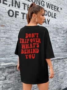 SHEIN EZwear Cartoon Face Print Drop Shoulder Tee - Black - View 2