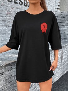 SHEIN EZwear Cartoon Face Print Drop Shoulder Tee - Black - View 3