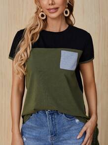 SHEIN 撞色補丁貼口袋T恤 - 彩色 - 查看 1