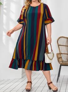 EMERY ROSE Plus Striped Print Ruffle Hem Dress - Multicolor - View 1