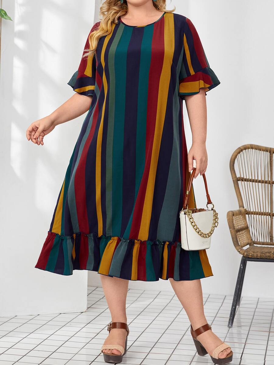 EMERY ROSE Plus Striped Print Ruffle Hem Dress - Multicolor - View 1