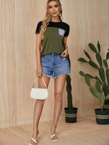 SHEIN 撞色補丁貼口袋T恤 - 彩色 - 查看 3