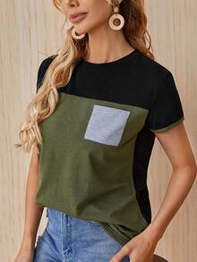 SHEIN 撞色補丁貼口袋T恤 - 彩色 - 查看 5