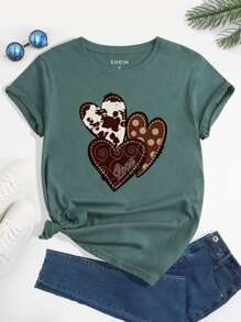 SHEIN LUNE 愛心和字母圖案T恤 - 墨綠色 - 查看 1