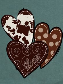 SHEIN LUNE 愛心和字母圖案T恤 - 墨綠色 - 查看 4