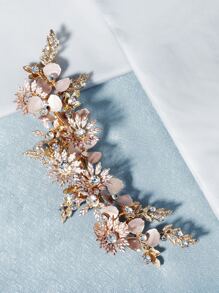 1pc Handmade Floral Design Bridal Hair Clip, Luxurious European Style Wedding Bride Headpiece Valentine's Day Accessories - Gold - View 9