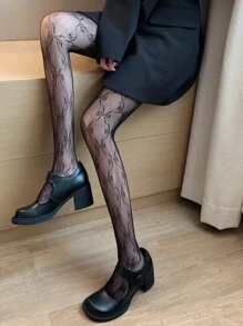 Bow Pattern Fishnet Tights - Black - View 2