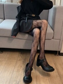 Bow Pattern Fishnet Tights - Black - View 4