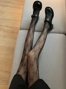 Bow Pattern Fishnet Tights - Black - View 5