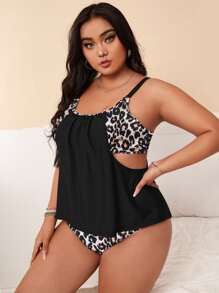SHEIN Swim Curve Summer Beach Plus Leopard Tankini Set Cut Out Ruffle Hem Cami Top & Swim Bottom 2 Piece Bathing Suit - Black - View 3