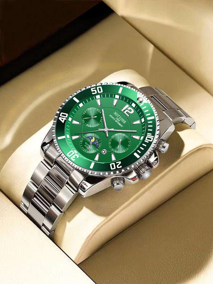 NOTIONR Reloj de cuarzo de tono plateado de moda para hombres con fecha, reloj deportivo/casual para hombres - Plateado - Ver 1