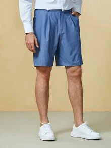 Manfinity Quần Short Nam Nút Túi Dây kéo màu trơn Giải trí - Màu xanh bụi bặm - Xem 5