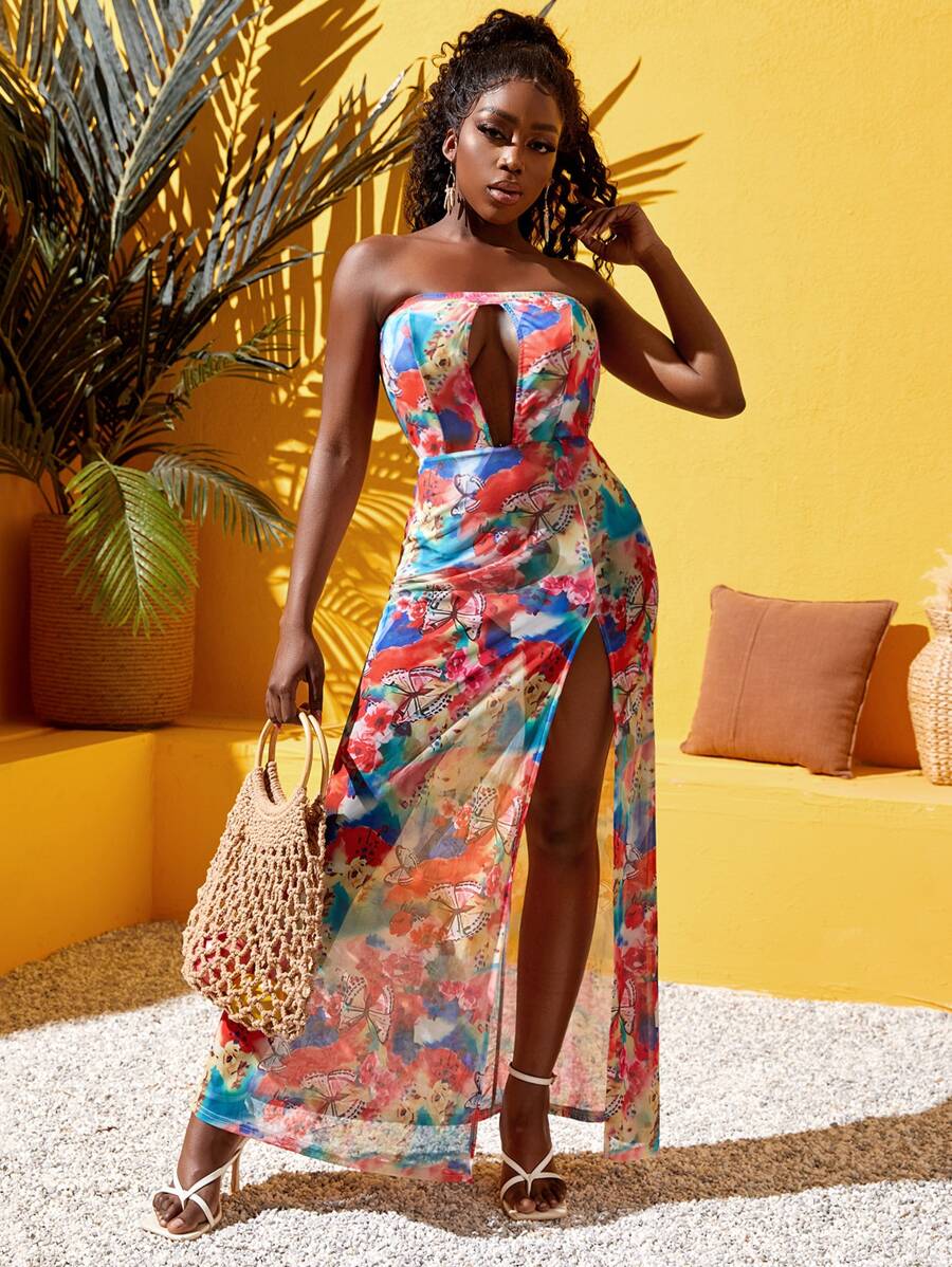 SHEIN Unity Butterfly Print Cut Out Split Thigh Backless Tube Dress - Multicolor - View 1