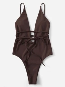 SHEIN Swim Summer Beach Solid Tie Back Plunging One-Piece Swimsuit Bathing Suit Brown Swimsuitswimsuit One Pieceswimwearswimsuit Women Swimwear - Mocha Brown - View 3