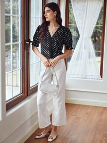 SHEIN Frenchy 波卡圓點荷葉袖蕾絲邊上衣 - 黑色 - 查看 3