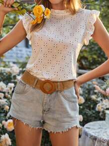 SHEIN Unity Áo sơ mi nữ Xù Tranh thêu màu trơn Giải trí - trắng - Xem 1