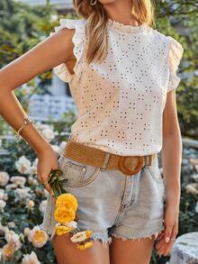 SHEIN Unity Áo sơ mi nữ Xù Tranh thêu màu trơn Giải trí - trắng - Xem 4