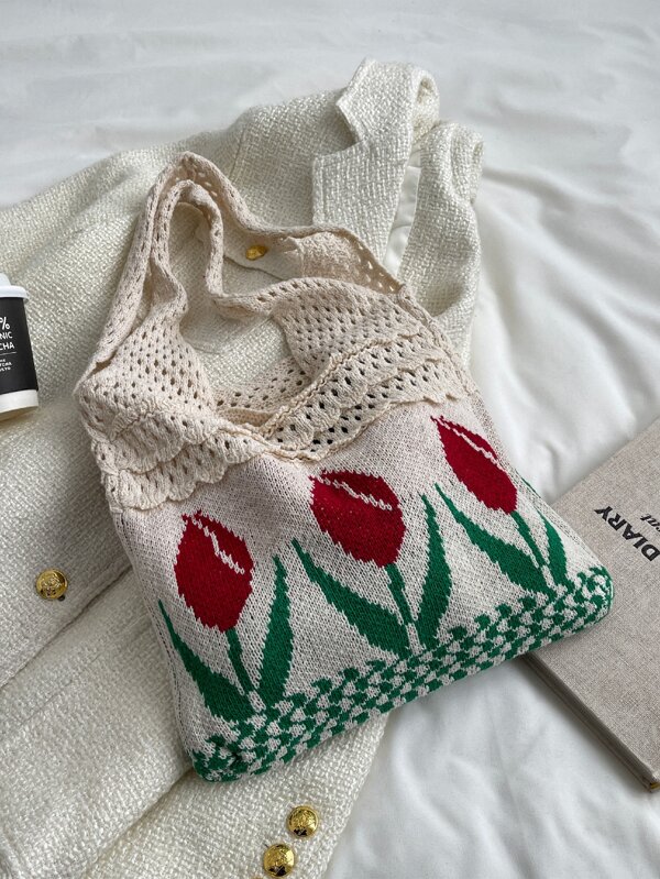 floral graphic crochet tote bag