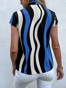 SHEIN LUNE Block Striped Tie Neck Blouse - Multicolor - View 2