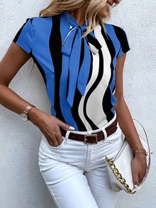 SHEIN LUNE Block Striped Tie Neck Blouse - Multicolor - View 5