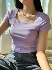 DAZY Rib-Knit Square Neck Tee Summer,Crop Tops Women - Lilac Purple - View 1