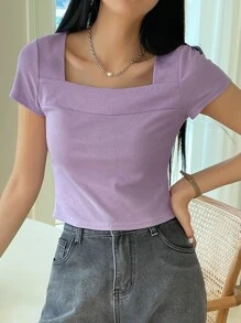 DAZY Rib-Knit Square Neck Tee Summer,Crop Tops Women - Lilac Purple - View 3
