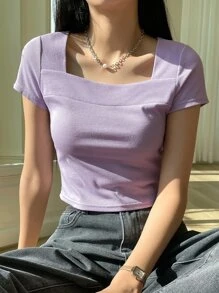 DAZY Rib-Knit Square Neck Tee Summer,Crop Tops Women - Lilac Purple - View 5