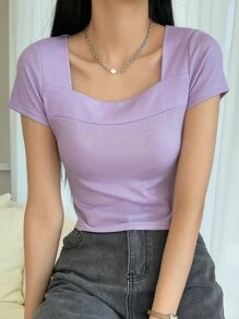 DAZY Rib-Knit Square Neck Tee Summer,Crop Tops Women - Lilac Purple - View 7