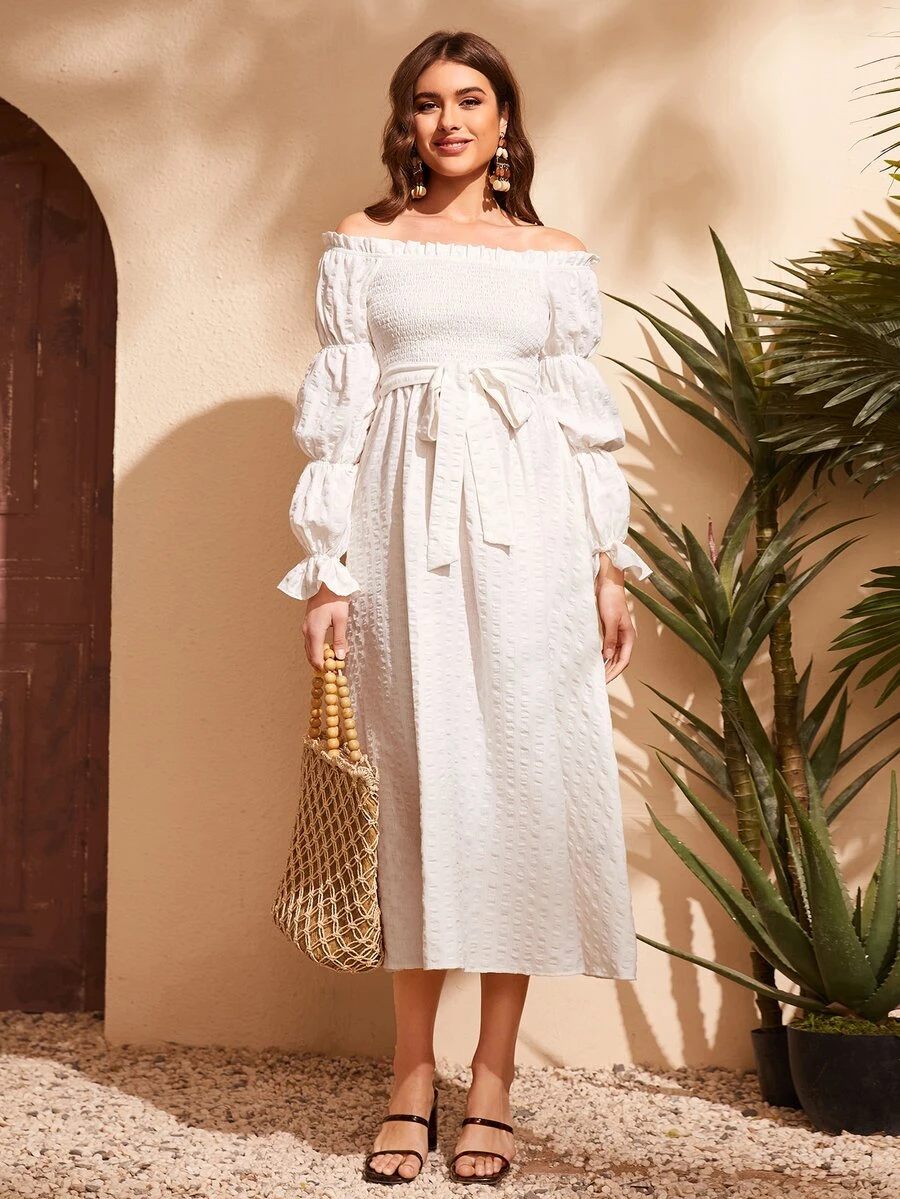Mulvari Off Shoulder Flounce Sleeve Shirred Bodice Self Belted Dress - White - View 1