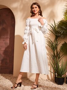 Mulvari Off Shoulder Flounce Sleeve Shirred Bodice Self Belted Dress - White - View 4