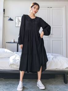 DAZY Đầm viền lá sen Thắt nút Viên lá sen màu trơn Dễ thương - màu đen - Xem 3