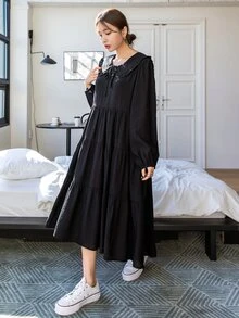 DAZY Đầm viền lá sen Thắt nút Viên lá sen màu trơn Dễ thương - màu đen - Xem 4